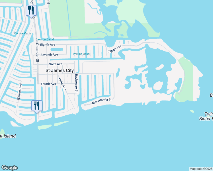 map of restaurants, bars, coffee shops, grocery stores, and more near 2389 Cherimoya Lane in Saint James City
