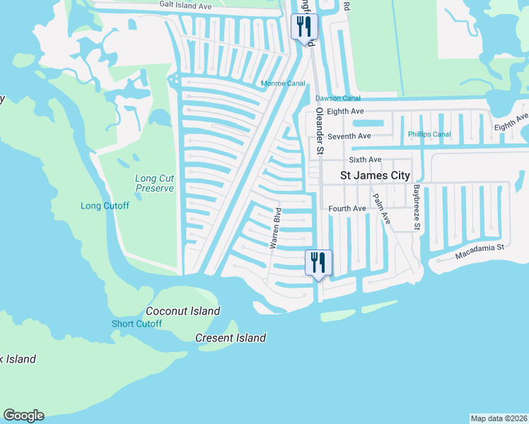 map of restaurants, bars, coffee shops, grocery stores, and more near 3649 Bayview Avenue in Saint James City