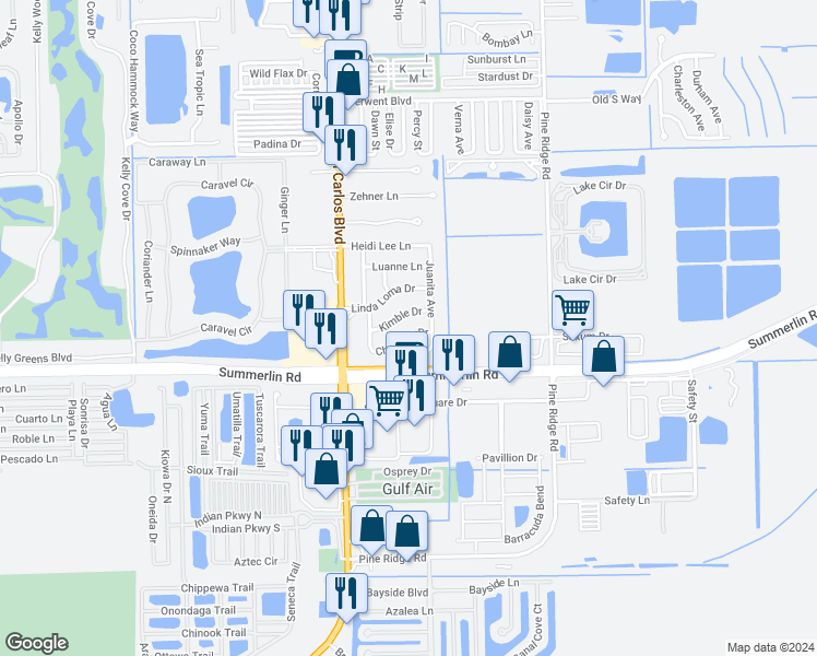 map of restaurants, bars, coffee shops, grocery stores, and more near 11361/63 Kimble Drive in Fort Myers