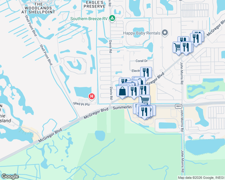 map of restaurants, bars, coffee shops, grocery stores, and more near 13610 Ovenbird Drive in Fort Myers