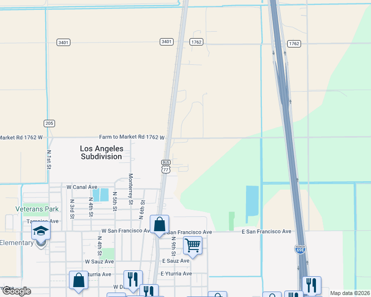map of restaurants, bars, coffee shops, grocery stores, and more near 14133 Rains County Road in Raymondville