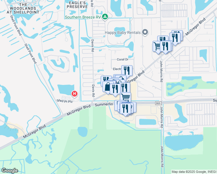 map of restaurants, bars, coffee shops, grocery stores, and more near 16956 McGregor Boulevard in Fort Myers