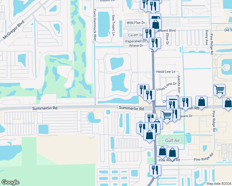map of restaurants, bars, coffee shops, grocery stores, and more near 11816 Caravel Circle in Fort Myers