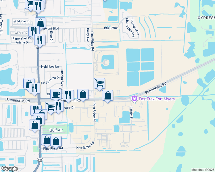 map of restaurants, bars, coffee shops, grocery stores, and more near 16100 Myriad Lane in Fort Myers