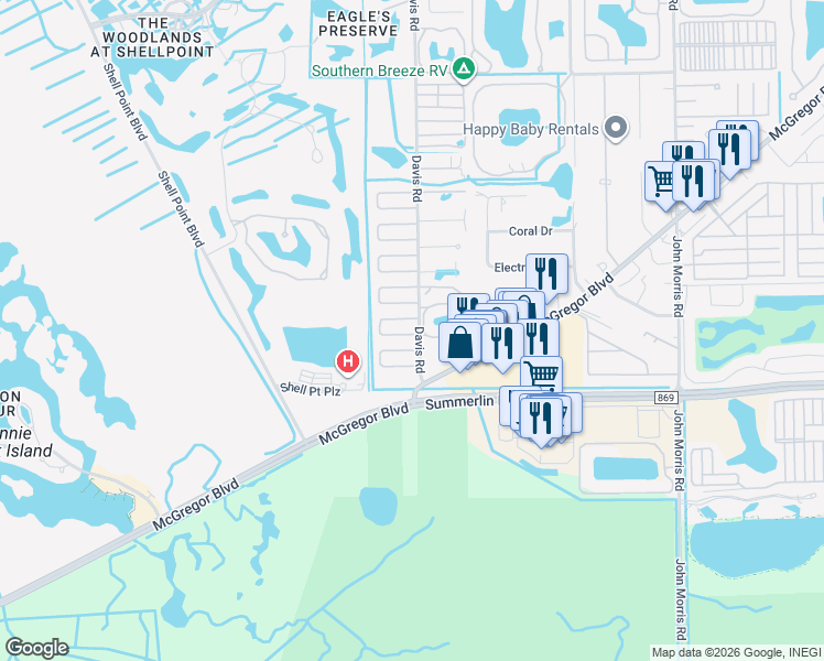 map of restaurants, bars, coffee shops, grocery stores, and more near 13610 Ovenbird Drive in Fort Myers