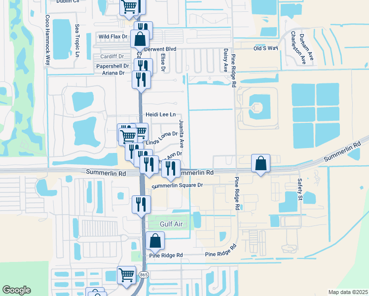 map of restaurants, bars, coffee shops, grocery stores, and more near 16853 Juanita Avenue in Fort Myers