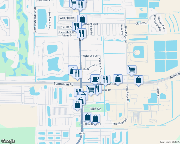 map of restaurants, bars, coffee shops, grocery stores, and more near 11435 Linda Loma Drive in Fort Myers