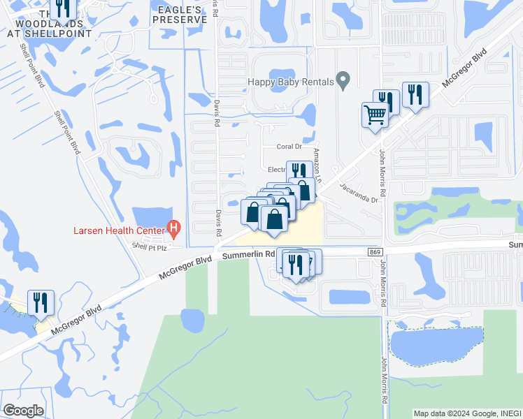 map of restaurants, bars, coffee shops, grocery stores, and more near 16956 McGregor Boulevard in Fort Myers