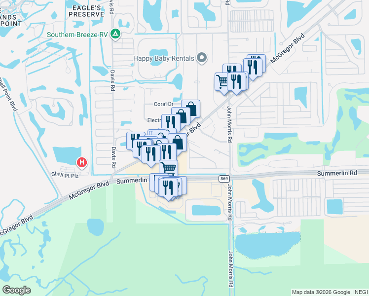map of restaurants, bars, coffee shops, grocery stores, and more near 16820 Banyon Drive in Fort Myers