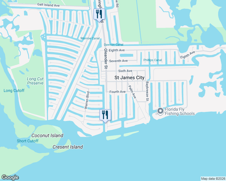 map of restaurants, bars, coffee shops, grocery stores, and more near 2420 Oleander Street in Saint James City