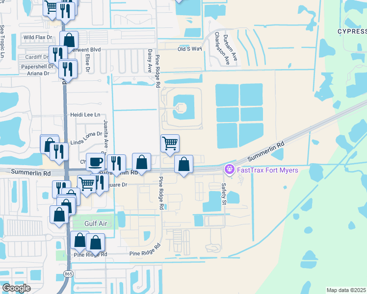 map of restaurants, bars, coffee shops, grocery stores, and more near 16100 Myriad Lane in Fort Myers