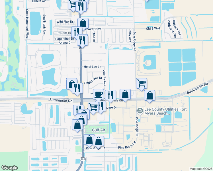 map of restaurants, bars, coffee shops, grocery stores, and more near 16853 Juanita Avenue in Fort Myers