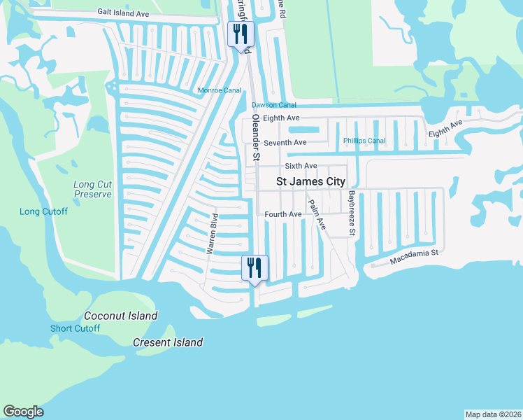 map of restaurants, bars, coffee shops, grocery stores, and more near 2420 Oleander Street in Saint James City