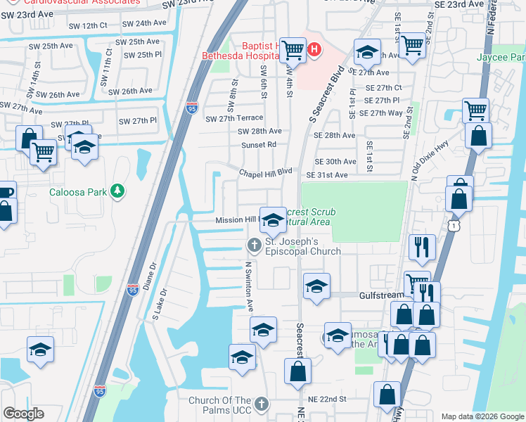 map of restaurants, bars, coffee shops, grocery stores, and more near 3390 Ridge Lane in Boynton Beach