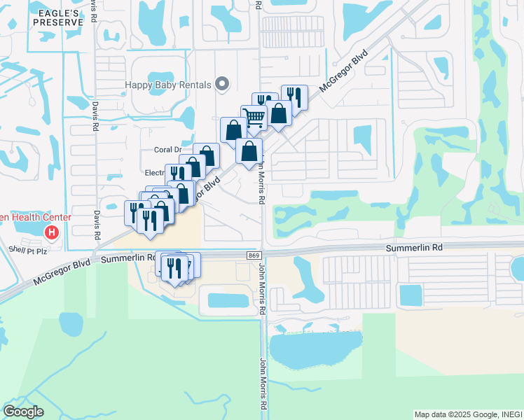 map of restaurants, bars, coffee shops, grocery stores, and more near John Morris Road in Fort Myers