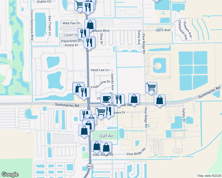 map of restaurants, bars, coffee shops, grocery stores, and more near 11341 Kimble Drive in Fort Myers