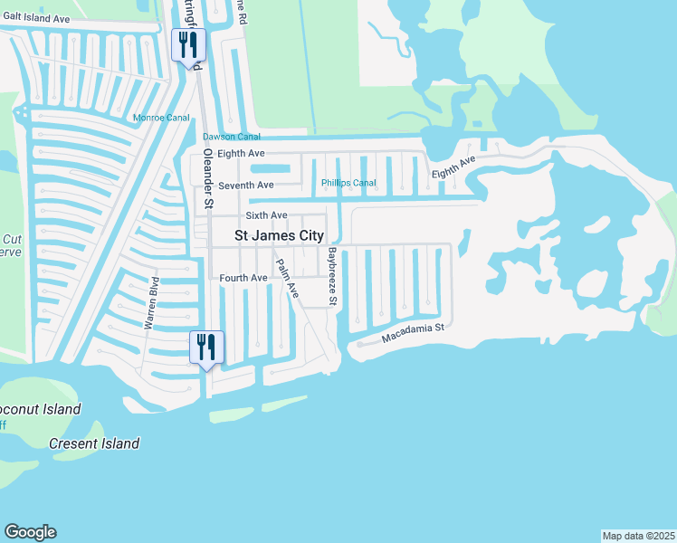 map of restaurants, bars, coffee shops, grocery stores, and more near 2430 Baybreeze Street in Saint James City