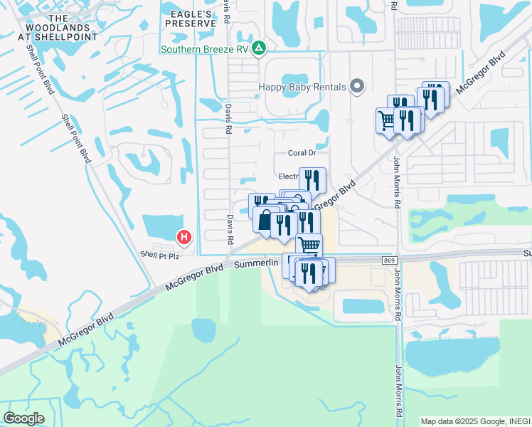 map of restaurants, bars, coffee shops, grocery stores, and more near 16830 Sanibel Sunset Court in Fort Myers