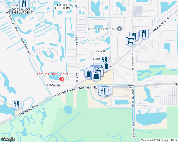 map of restaurants, bars, coffee shops, grocery stores, and more near 16956 McGregor Boulevard in Fort Myers