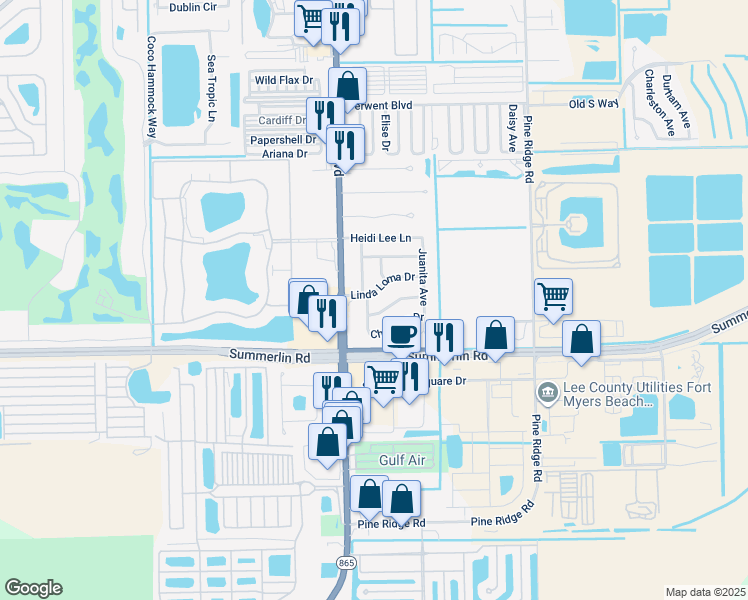 map of restaurants, bars, coffee shops, grocery stores, and more near 11431 Linda Loma Drive in Fort Myers