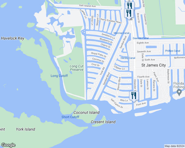 map of restaurants, bars, coffee shops, grocery stores, and more near 3908 Plumosa Drive in Saint James City