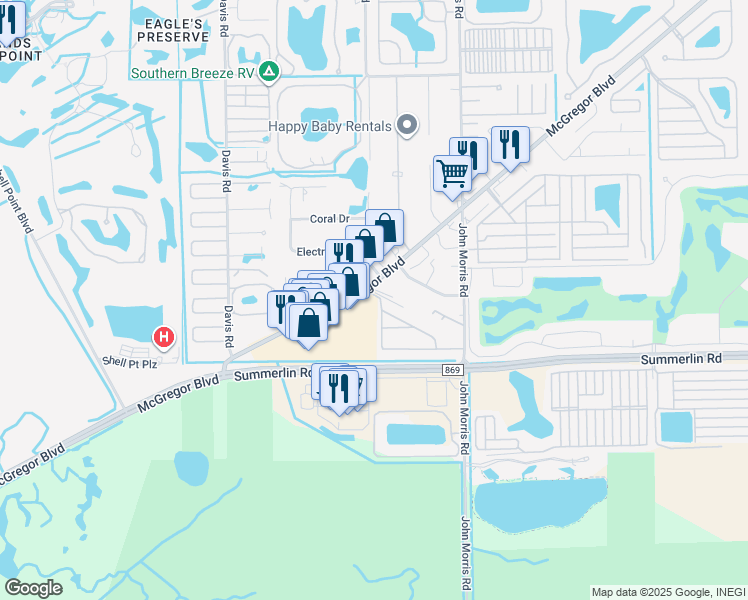 map of restaurants, bars, coffee shops, grocery stores, and more near 16790 Banyon Drive in Fort Myers