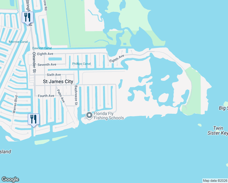 map of restaurants, bars, coffee shops, grocery stores, and more near 2420 Cherimoya Lane in Saint James City