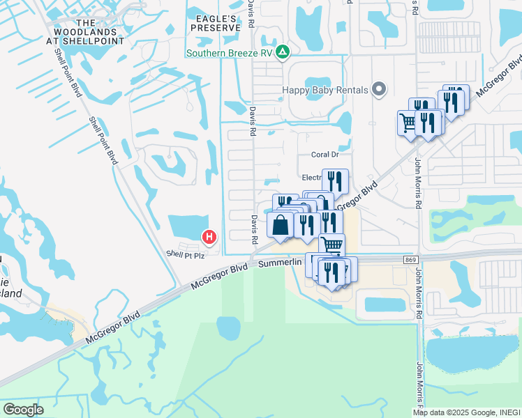 map of restaurants, bars, coffee shops, grocery stores, and more near 16881 Davis Road in Fort Myers