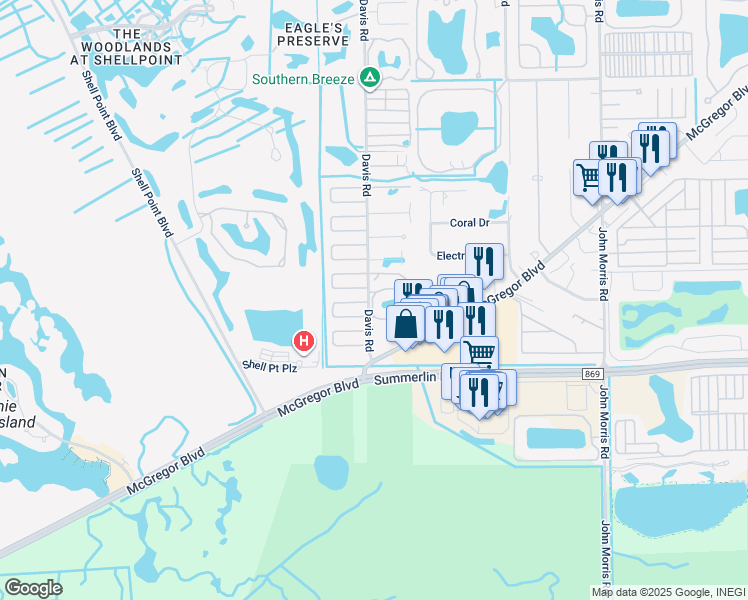 map of restaurants, bars, coffee shops, grocery stores, and more near 13610 Ovenbird Drive in Fort Myers