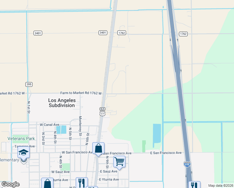 map of restaurants, bars, coffee shops, grocery stores, and more near 14133 Rains County Road in Raymondville