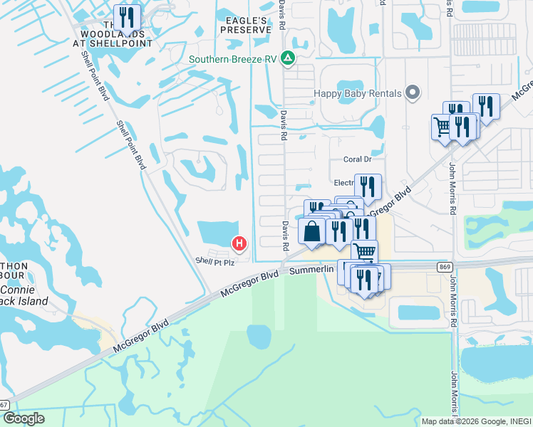 map of restaurants, bars, coffee shops, grocery stores, and more near 13711 Ovenbird Drive in Fort Myers