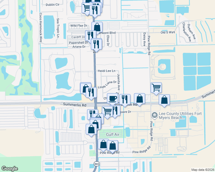 map of restaurants, bars, coffee shops, grocery stores, and more near 11435 Linda Loma Drive in Fort Myers