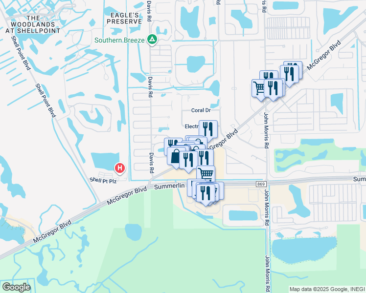 map of restaurants, bars, coffee shops, grocery stores, and more near 16956 McGregor Boulevard in Fort Myers
