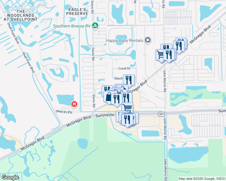 map of restaurants, bars, coffee shops, grocery stores, and more near 16956 McGregor Boulevard in Fort Myers