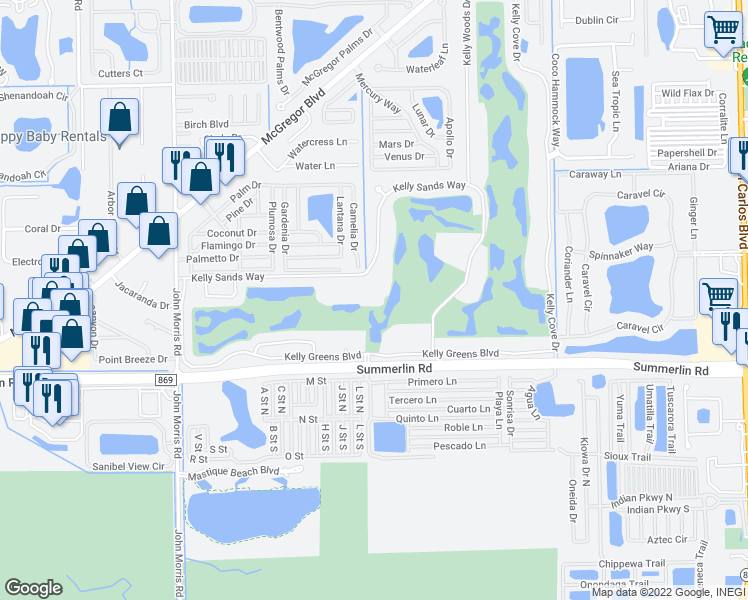 map of restaurants, bars, coffee shops, grocery stores, and more near 12621 Kelly Sands Way in Fort Myers