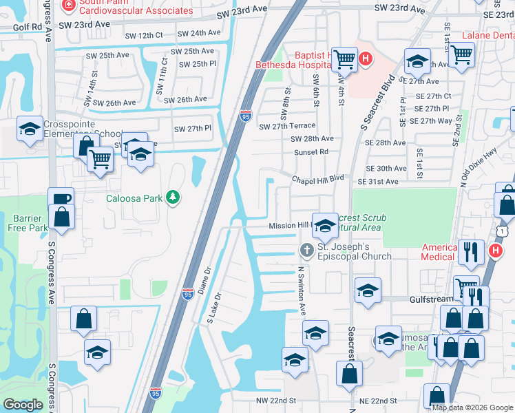 map of restaurants, bars, coffee shops, grocery stores, and more near 933 Mission Hill Road in Boynton Beach