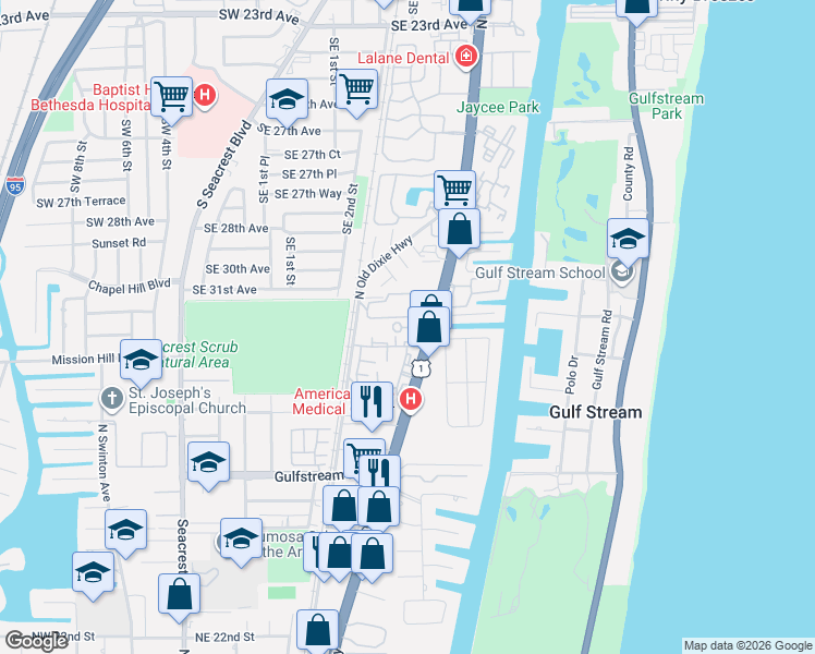 map of restaurants, bars, coffee shops, grocery stores, and more near 3505 South Federal Highway in Boynton Beach