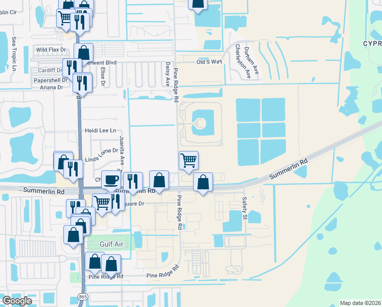 map of restaurants, bars, coffee shops, grocery stores, and more near 16120 Myriad Lane in Fort Myers
