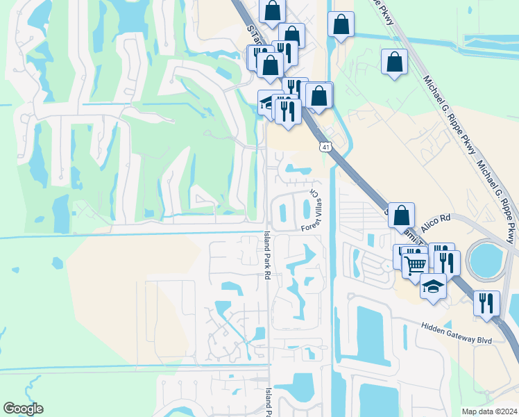 map of restaurants, bars, coffee shops, grocery stores, and more near 16718 Bobcat Drive in Fort Myers