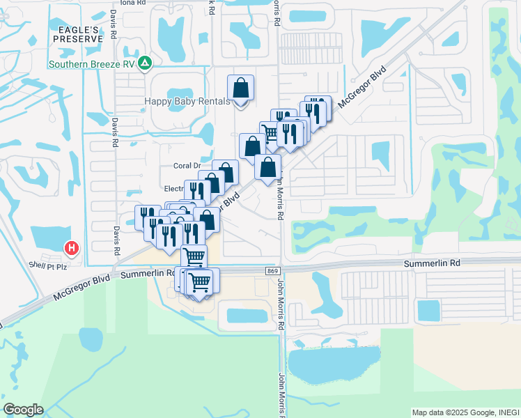 map of restaurants, bars, coffee shops, grocery stores, and more near 16791 Palm Road in Fort Myers