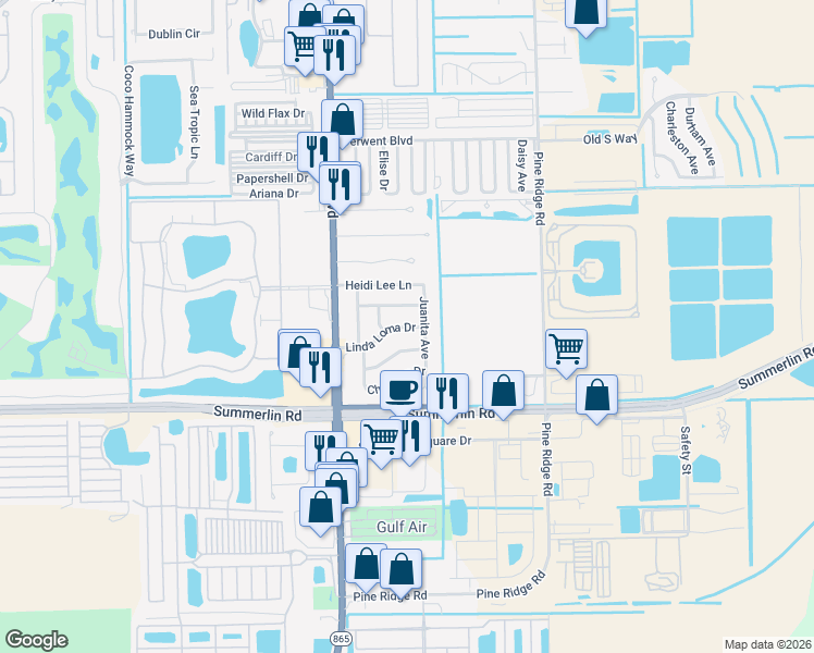map of restaurants, bars, coffee shops, grocery stores, and more near 11311 Luanne Lane in Fort Myers