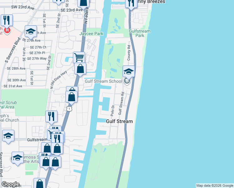 map of restaurants, bars, coffee shops, grocery stores, and more near 3550 Gulfstream Road in Delray Beach