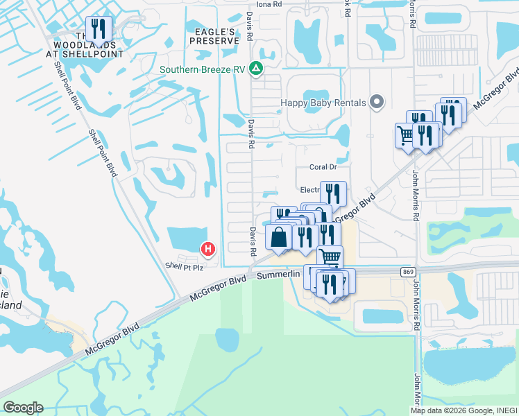 map of restaurants, bars, coffee shops, grocery stores, and more near 13610 Sora Drive in Fort Myers