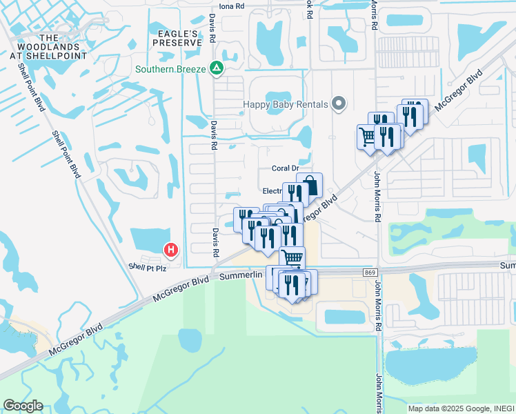 map of restaurants, bars, coffee shops, grocery stores, and more near 13411 Electron Drive in Fort Myers