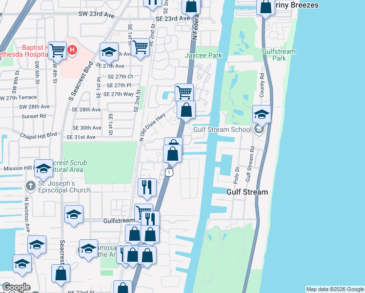 map of restaurants, bars, coffee shops, grocery stores, and more near 3121 Waterside Circle in Boynton Beach