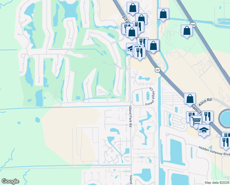 map of restaurants, bars, coffee shops, grocery stores, and more near 16721 Bobcat Drive in Fort Myers