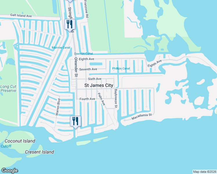 map of restaurants, bars, coffee shops, grocery stores, and more near 2520 Rose Avenue in Saint James City