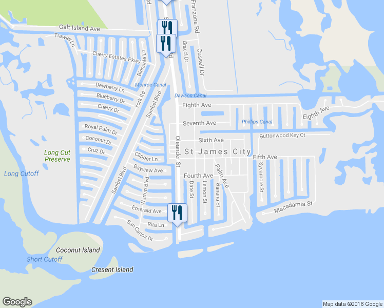 map of restaurants, bars, coffee shops, grocery stores, and more near 2521 Date Street in Saint James City