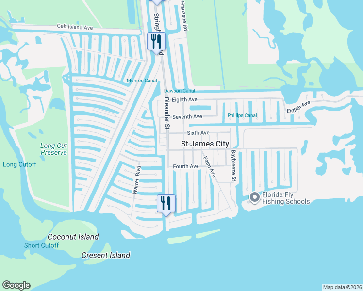 map of restaurants, bars, coffee shops, grocery stores, and more near 2521 Date Street in Saint James City