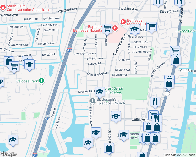 map of restaurants, bars, coffee shops, grocery stores, and more near 525 Whispering Pines Road in Boynton Beach